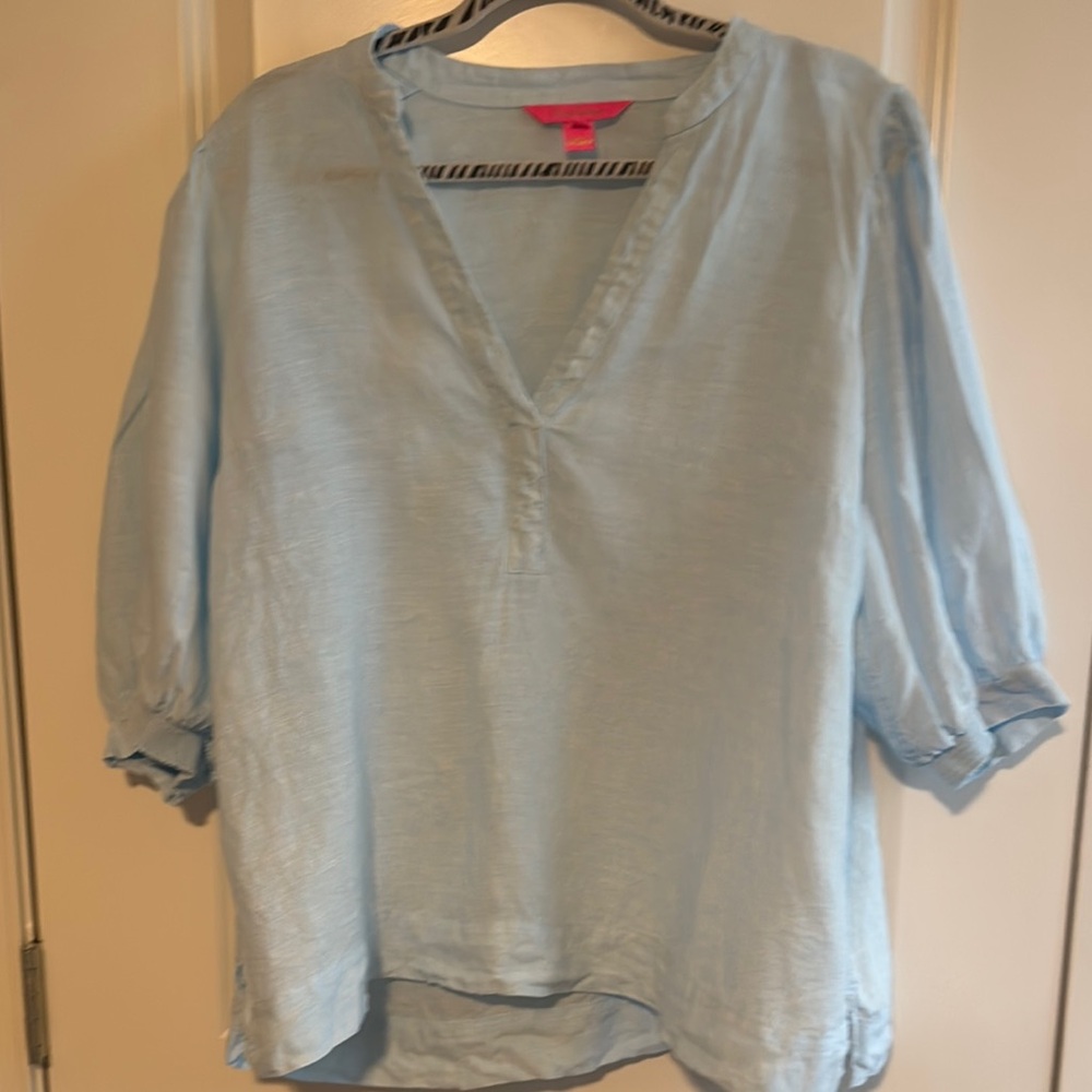 Lilly Pulitzer Blue Puff Sleeve Mialeigh Linen Top